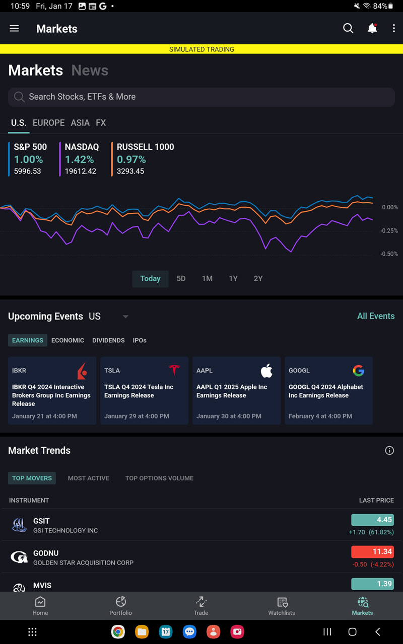 The markets homepage on the Android Tablet. 